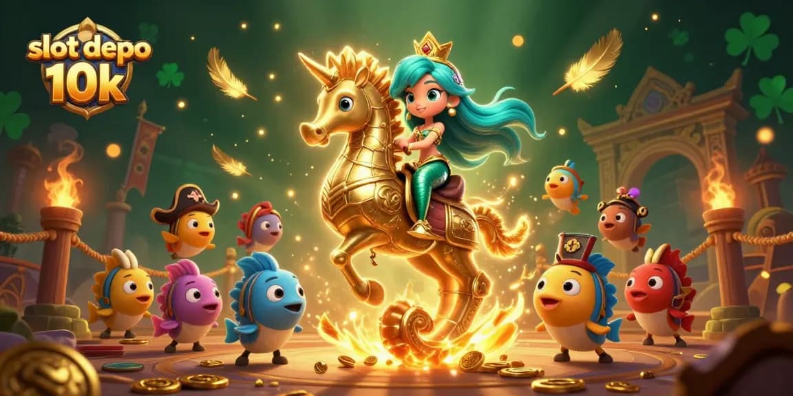 Engage with slot depo 10k gameplay through an enchanting scene of a mermaid and seahorse amidst vibrant casino elements.