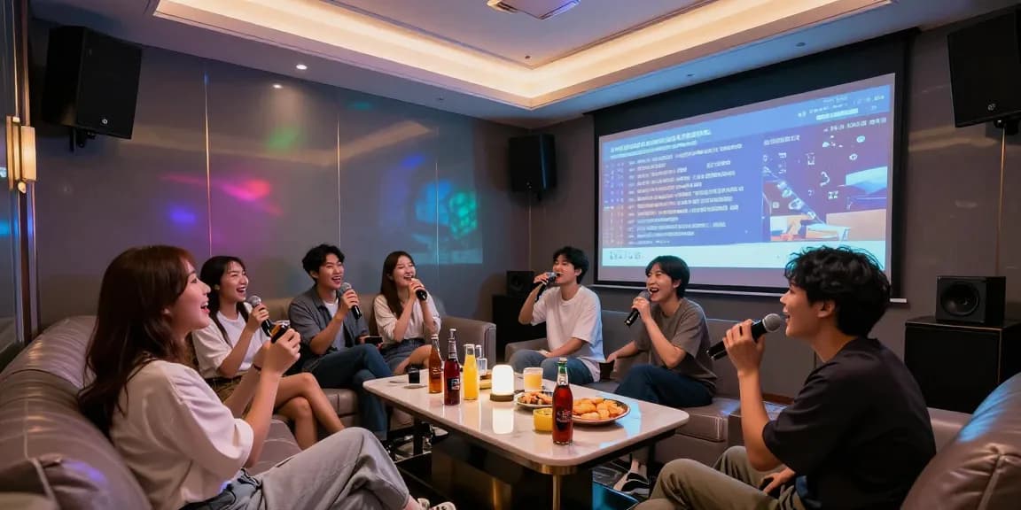 강남쩜오에서 친구들과 함께하는 즐거운 노래방 시간, 고급스러운 인테리어와 음료가 가득한 테이블이 있는 모습