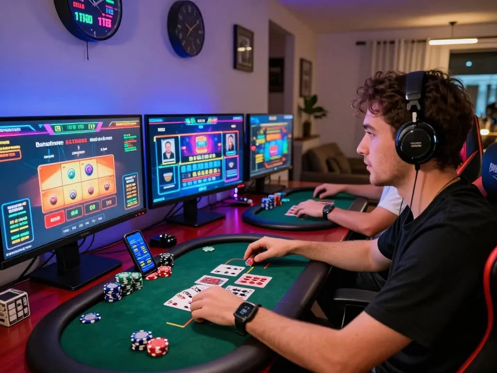 Engaged player at NK88 nhà cái gaming setup with vibrant casino games and betting tools.