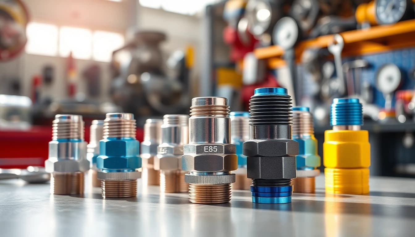E85-compatible AN fittings arranged elegantly on a workbench showcasing their detail and craftsmanship.