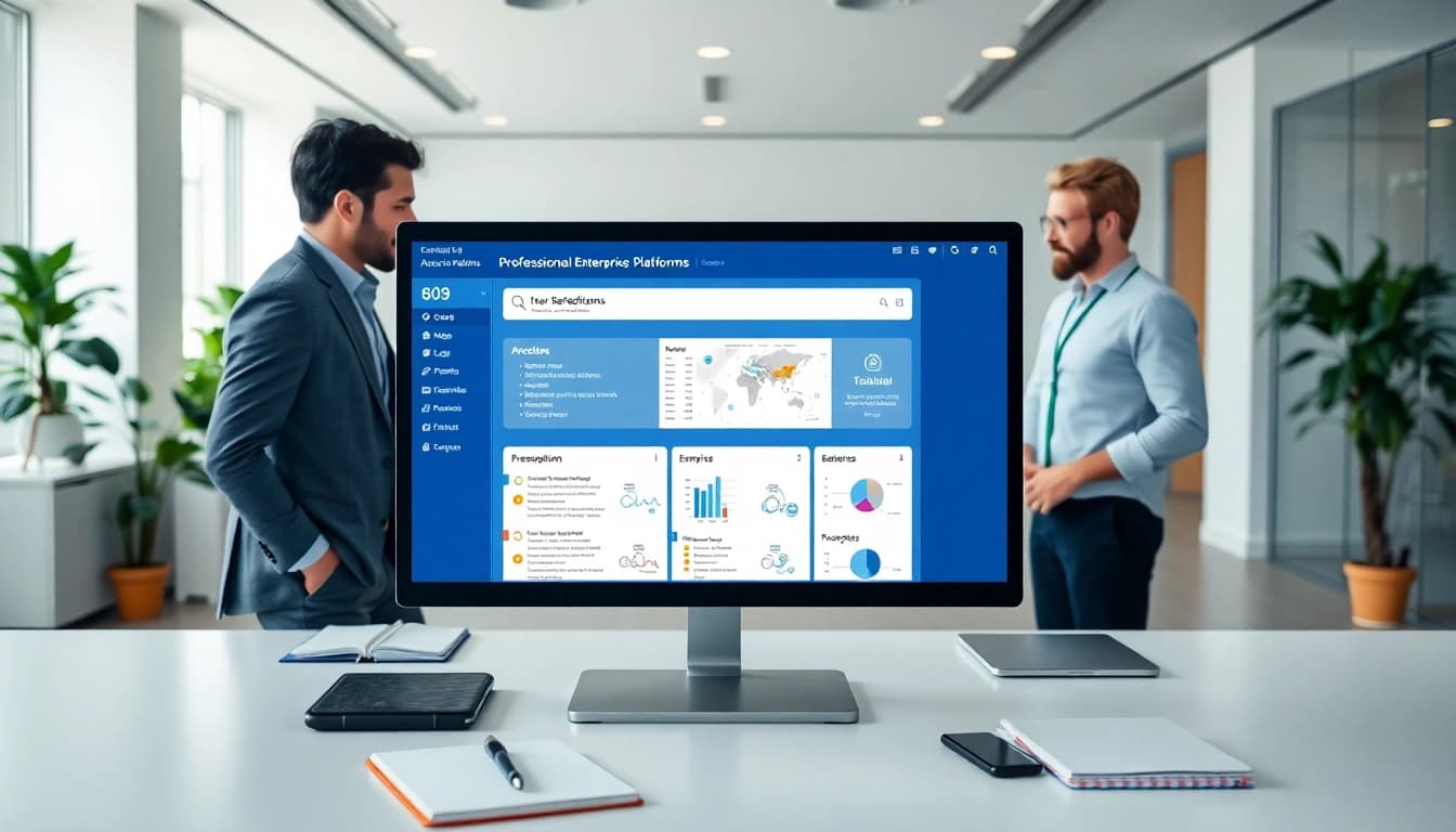 Analyze enterprise search platforms with a diverse team in a modern office setting.