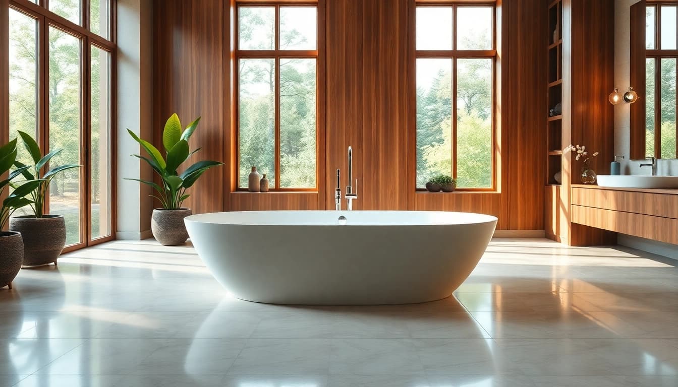 Vasca da bagno elegante in un bagno moderno e sereno, ispirando relax e stile.