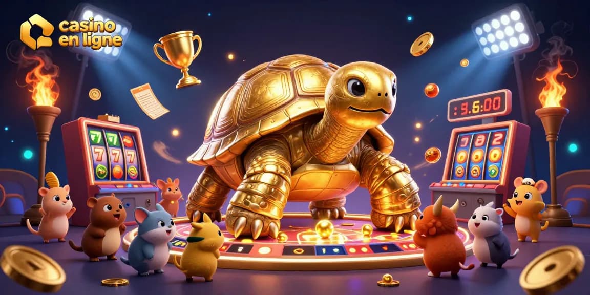 Jouez sur un casino en ligne avec des machines à sous animées, tortue géante et ambiance festive.