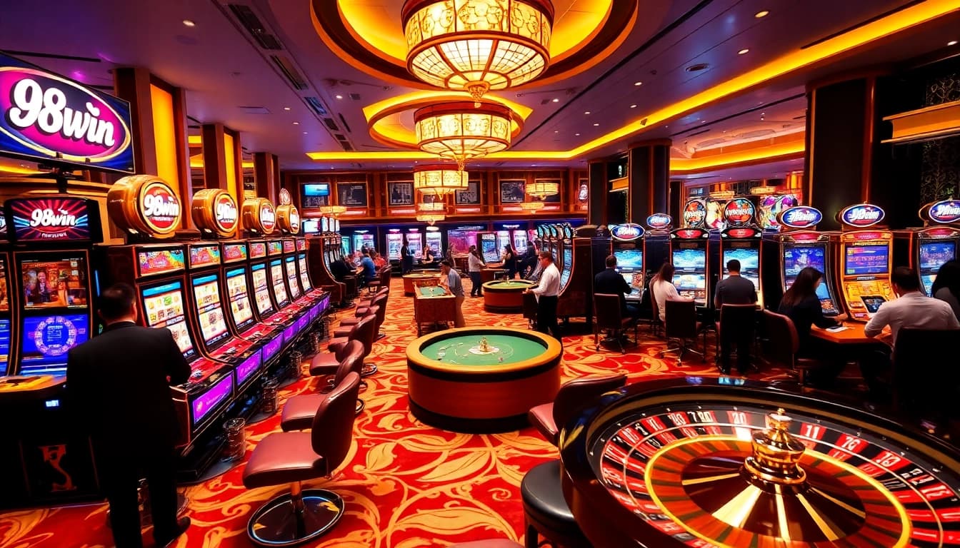 Experience the excitement of 98win as players engage in high-stakes gaming with vibrant tables and thrilling slot machines.