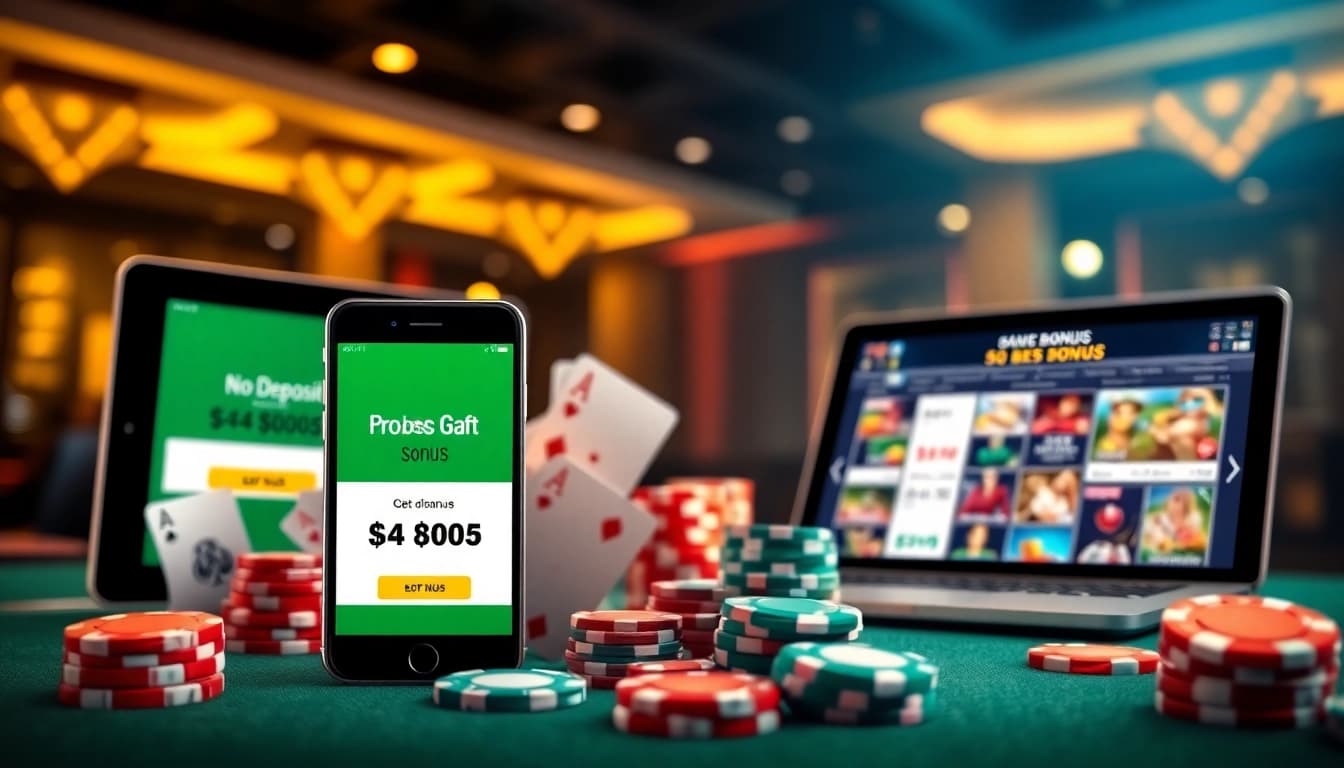 Engaging visuals of no deposit bonuses on digital devices, featuring playing cards and casino chips.