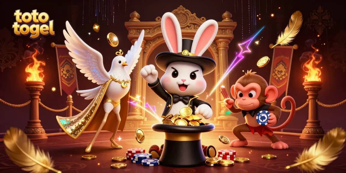 Engage with thrilling toto togel action featuring a magician rabbit, dove, and monkey in a vibrant 3D scene.