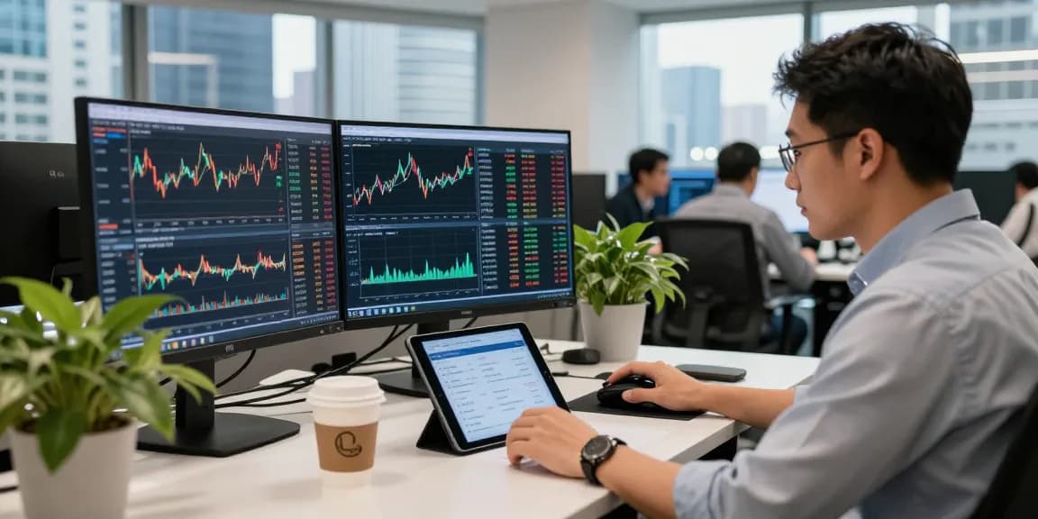 Trader monitoring gold price live data in a modern office setting with multiple screens and a city skyline view.