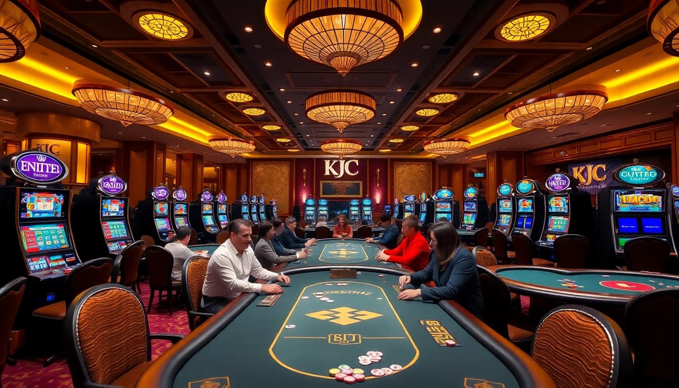 KJC branded casino filled with excitement, showcasing players at tables amidst vibrant gambling activity.