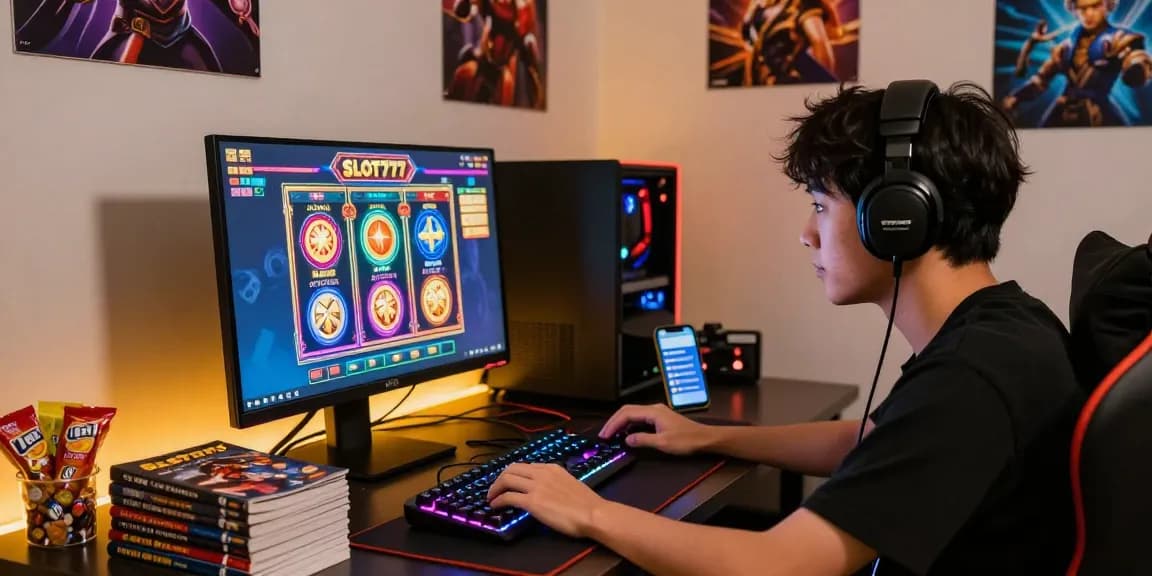 Exciting slot gacor gaming scene with player focused on monitor and colorful setup.