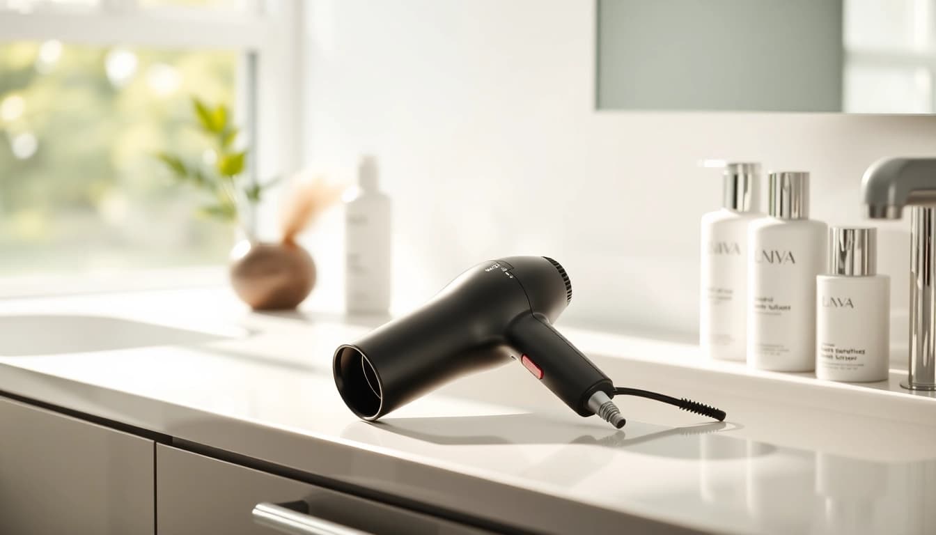 Enhance frizzy hair with a professional hair dryer showcased in a stylish bathroom.