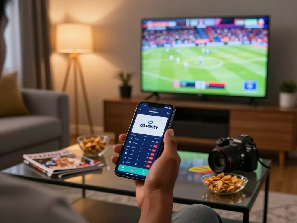Okwintv user engaging in live sports betting on a smartphone in a cozy setting.