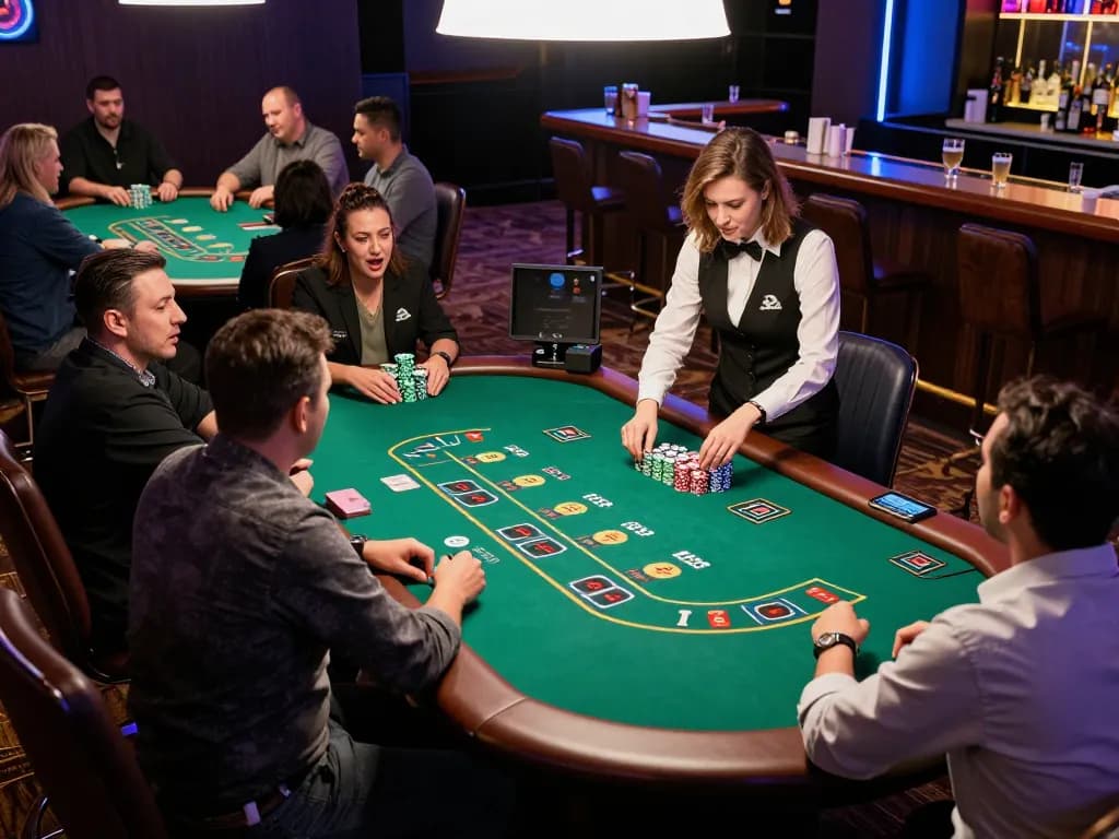 Experience the excitement at the best widget store with players strategizing at a blackjack table in a casino.