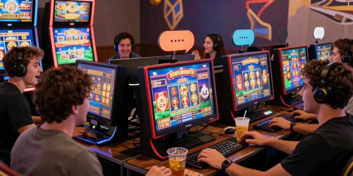 Exciting slot deposit 1000 gaming scene with diverse players engaged on colorful digital machines.