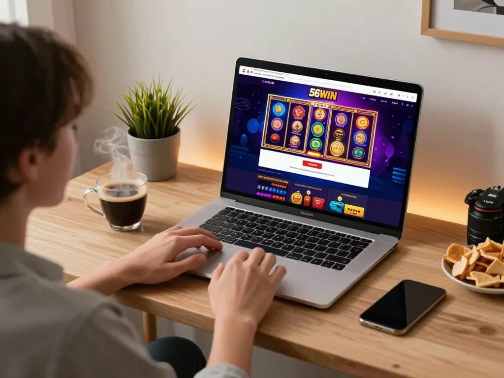 Engaging online gaming setup at home showcasing 56WIN casino interface with warm ambiance.