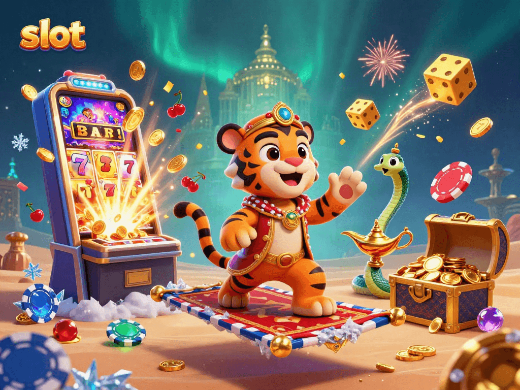 Experience the thrill of slots with a vibrant 3D scene featuring jackpots, characters, and casino action.