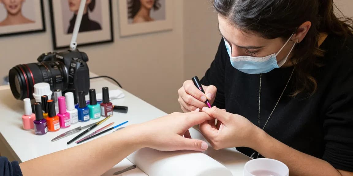 Aplicarea ojei semipermanente profesionale într-un salon de înfrumusețare cu geluri și unelte colorate.