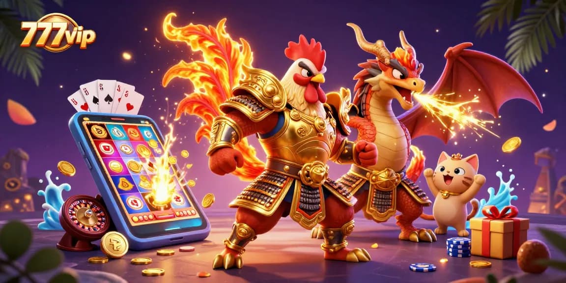 Join the action at 777vip with a thrilling view of a samurai rooster, dragon hatchling, and a fortune cat in vibrant casino ambiance.