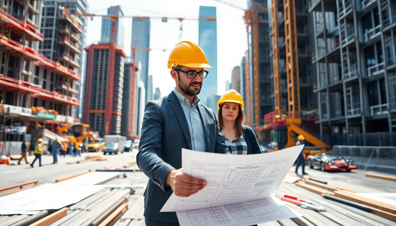 Manhattan Construction Manager leading a team on a bustling construction site with skyscrapers in the background.