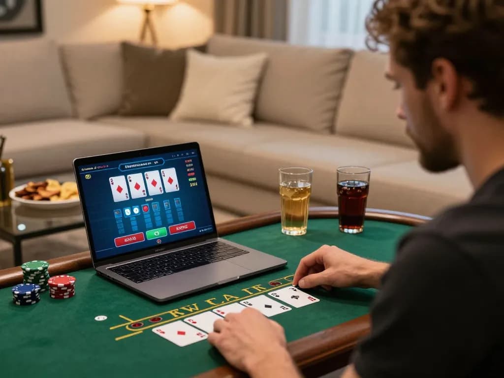 Engaging gameplay from online casinos Canada, featuring a player focused on live dealer blackjack at home.