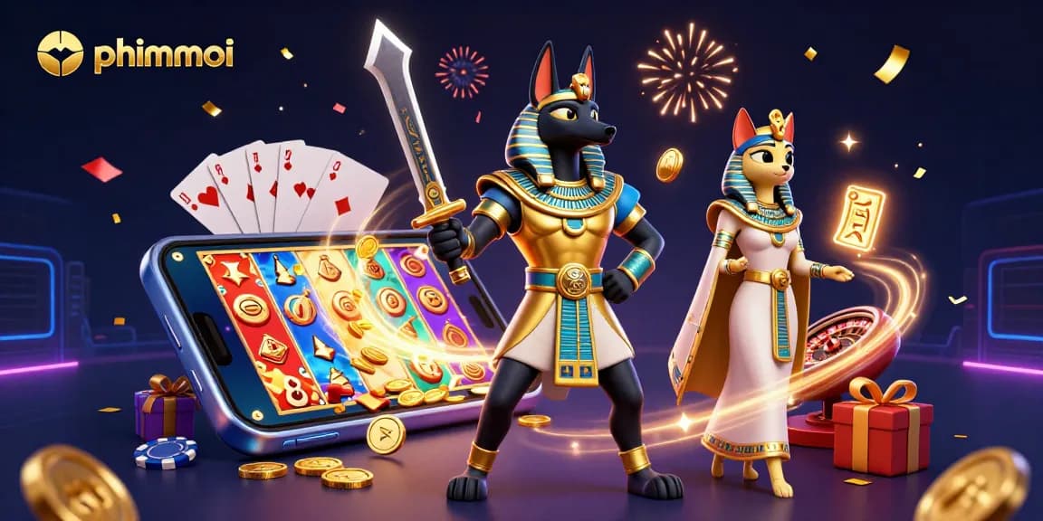 Spin and win with phimmoi's new slot games featuring Anubis and Bastet in a vibrant casino scene.
