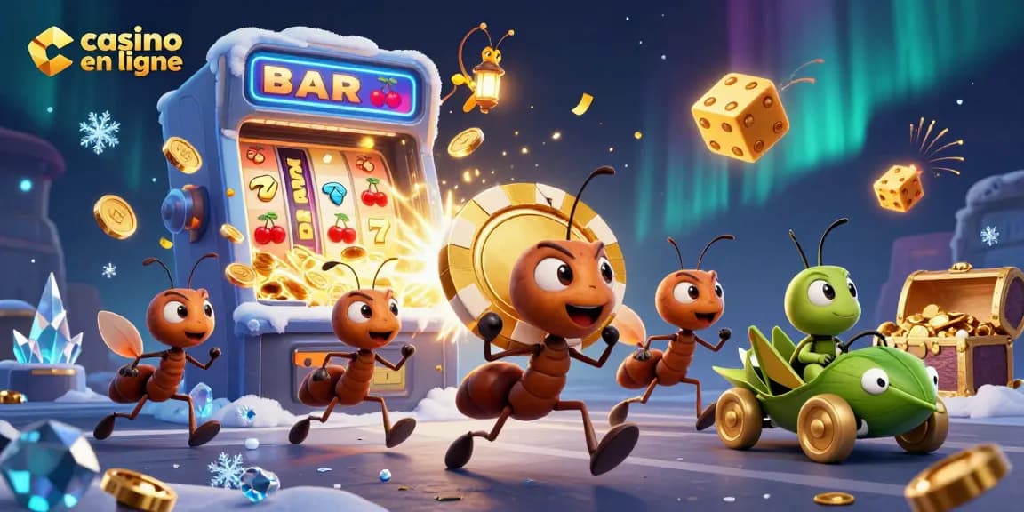 Découvrez un casino en ligne animé avec des fourmis transportant un jeton géant, entourées de jeux et de jackpots
