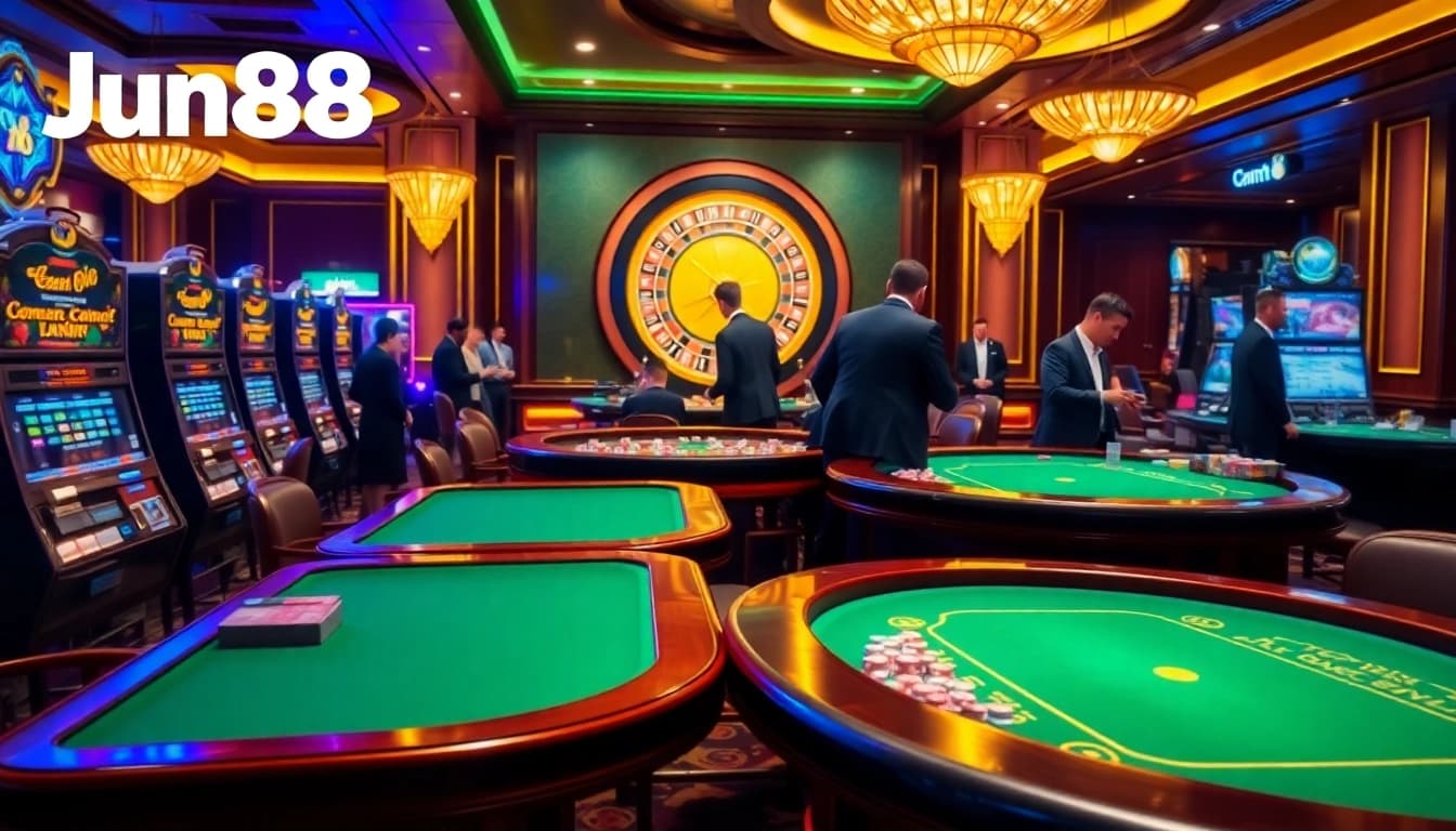 Players enjoying diverse games at Jun88's upscale casino, highlighting excitement and interaction.