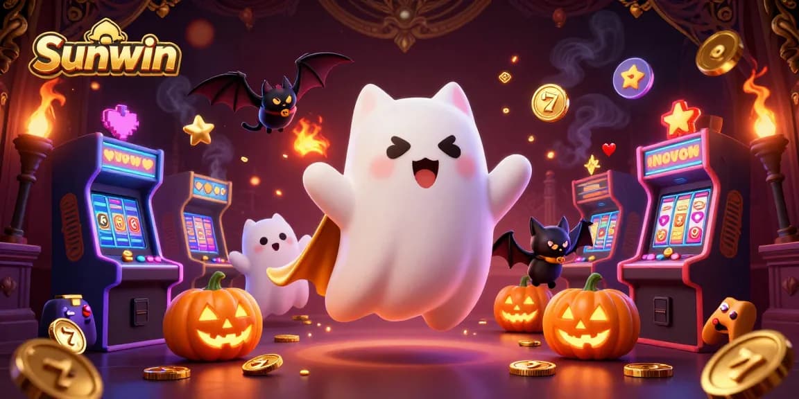 Join the thrilling adventure in Sunwin's haunted casino, featuring whimsical characters and vibrant casino elements.