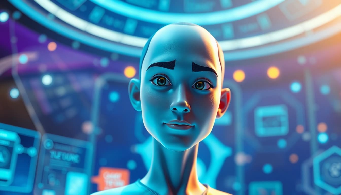 Capture a dynamic live avatar character engaging in a vibrant virtual scene filled with technology.