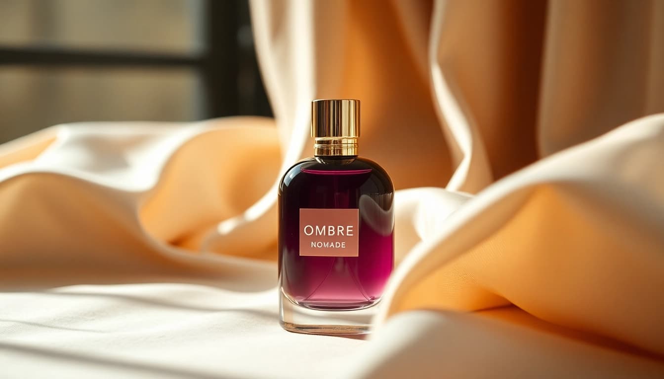 Ombre nomade fragrance bottle elegantly displayed with flowing silk fabric.