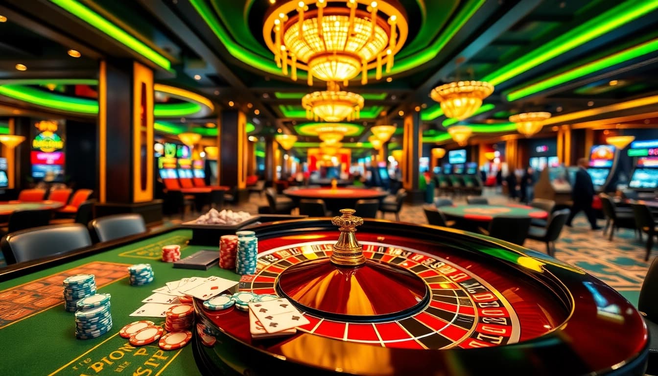 Menangkan di meja kasino bbni4d dengan chip berwarna-warni dan kartu.