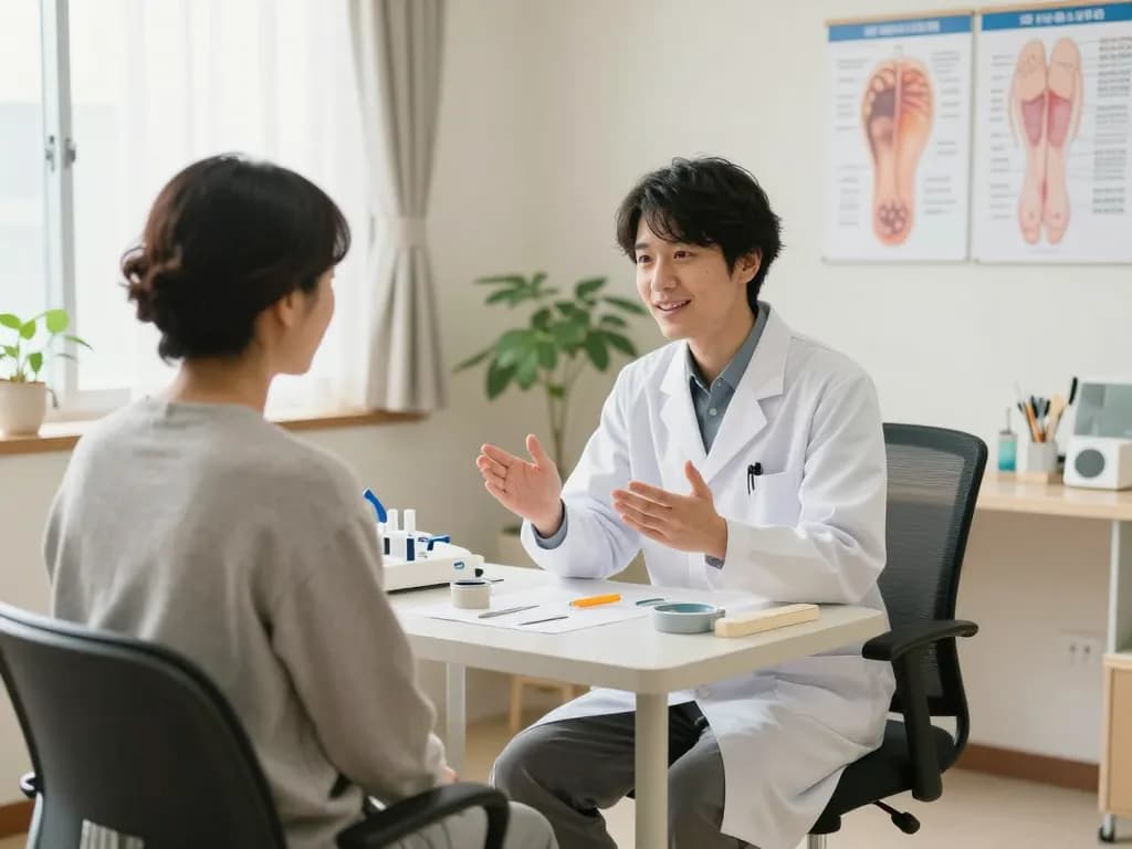 落ち着いたクリニックでのキトー君の口コミについての議論、医療提供者と患者が会話を交わしている。
