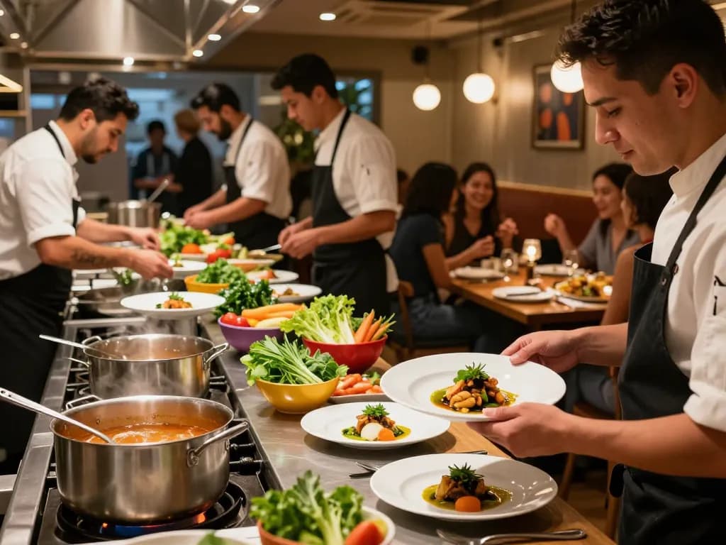 Dynamic kitchen scene at pokerseri restaurant showcasing chefs in action and delicious dishes being prepared.