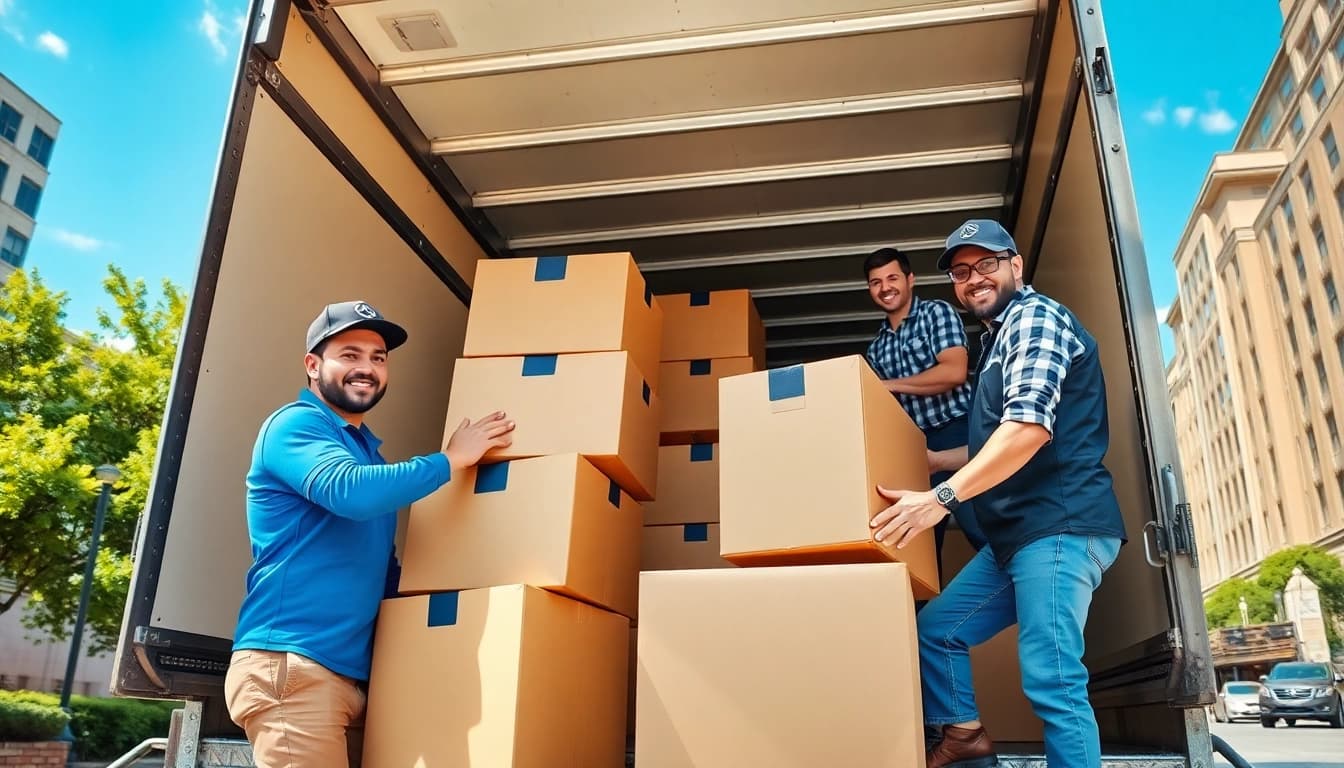 Efficient boston moving company team loading boxes into a moving truck in a vibrant urban setting.