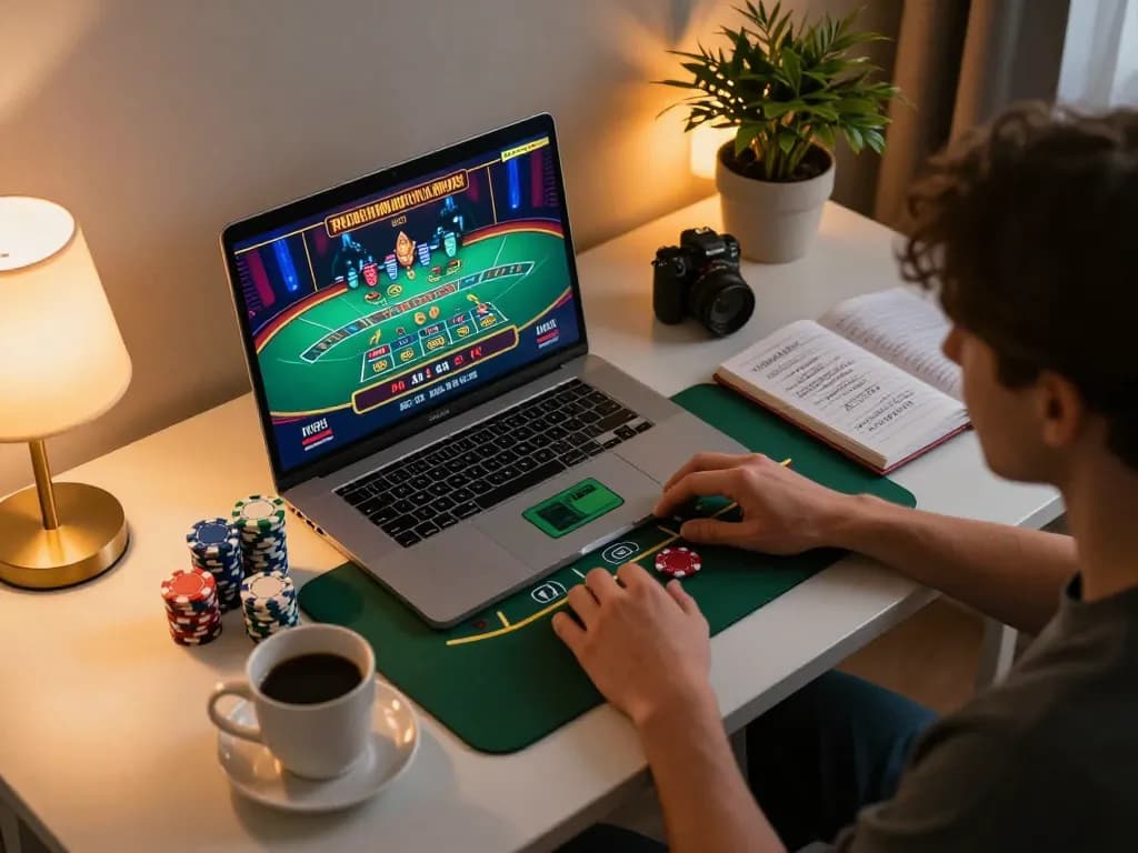 Gamer engaging with laptop for online casino, showcasing 5699 in digital betting interface