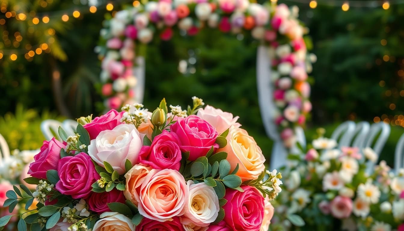 Arrange stunning wedding flowers in a romantic setting showcasing vibrant colors and elegant designs.