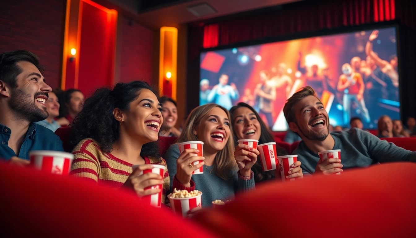 Engaged viewers enjoying ดูหนัง in a lively cinema setting with popcorn.