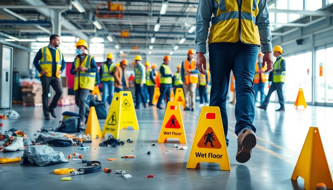 Highlighting physical hazard in workplace with workers and safety signs.