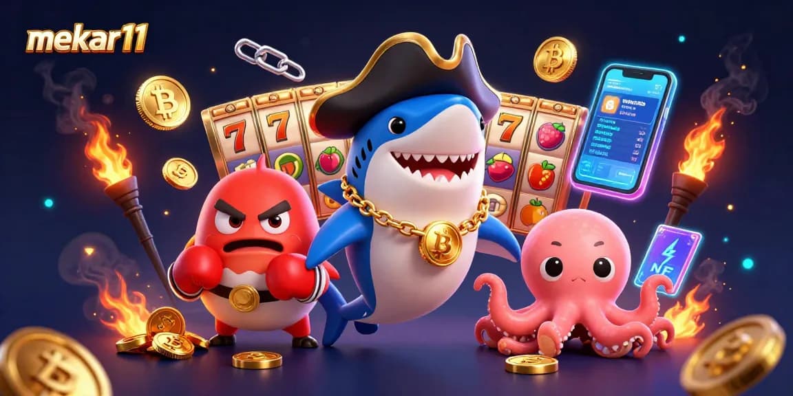 Mekar11 showcases thrilling slot gaming with colorful reels and winning coins, capturing excitement.