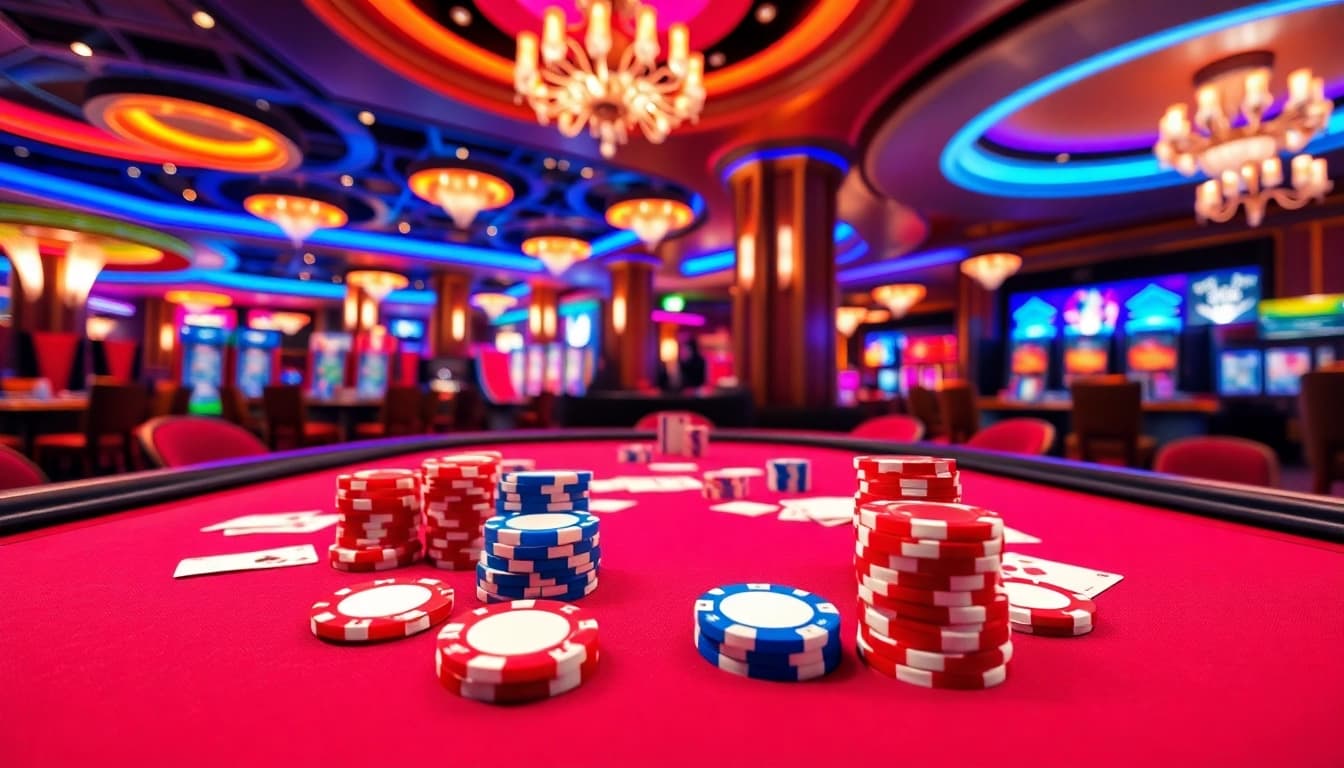 Casino spielen am Tisch mit Spielern, lebhaften Chips und Karten in einem luxuriösen Casino.