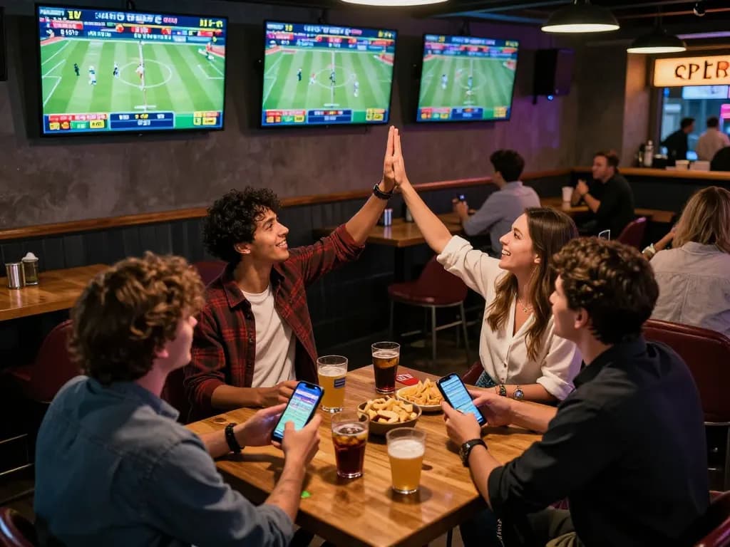 Bongdalu users engaging in real-time sports betting at a lively sports bar.
