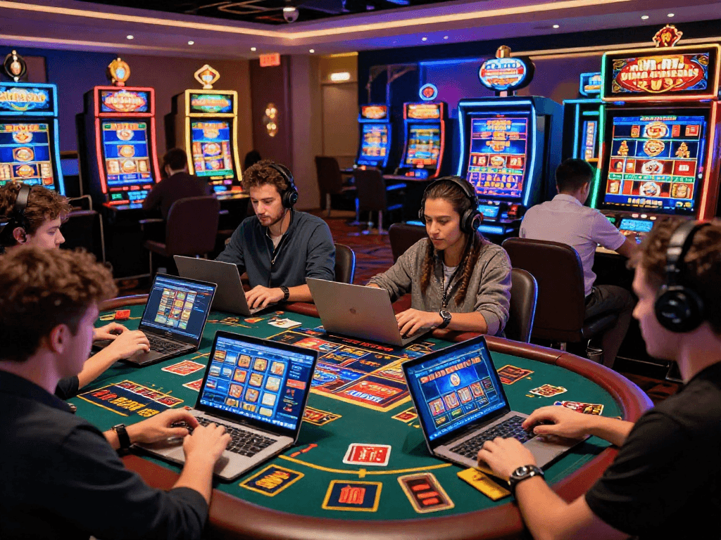 Exciting scene of players enjoying euro casinos with vibrant lights, digital devices, and animated games.