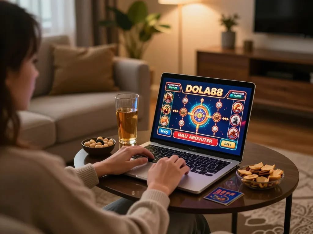 DOLA88 player engaging with online casino game, comfortable home environment with warm lighting.