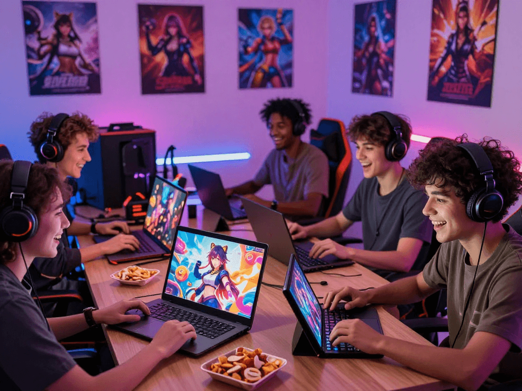 Excited gamers enjoying colorful hentai game experiences on multiple devices in an inviting gaming setup.