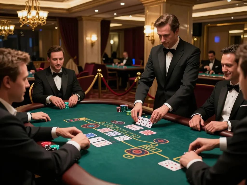 uu88 players celebrating a win at an elegant blackjack table in a high-class casino.