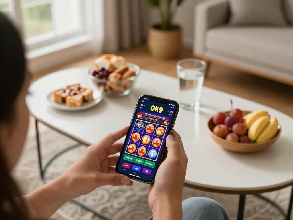 Player engaging with the OK9 mobile app, showcasing vibrant slot game action in a cozy home setting.