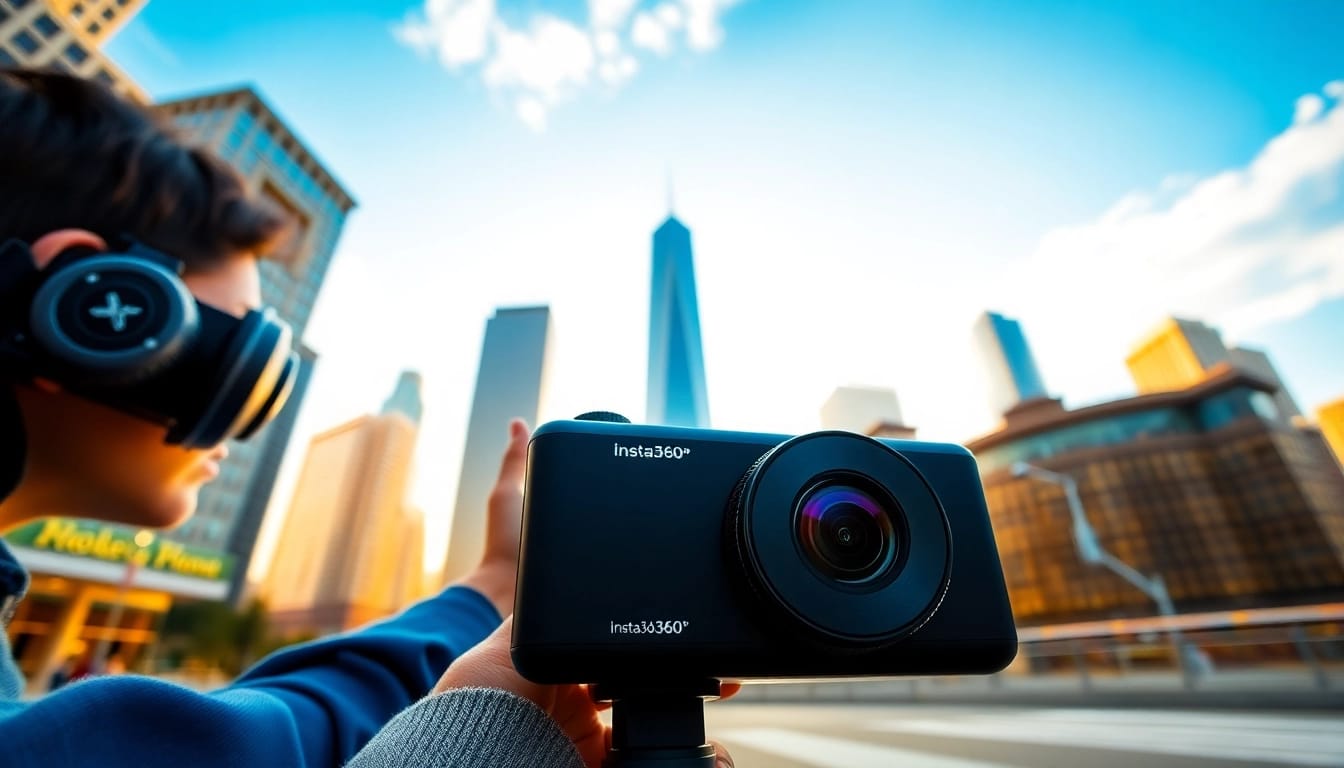 Insta360 X5 showcasing city photography in vibrant urban environment.