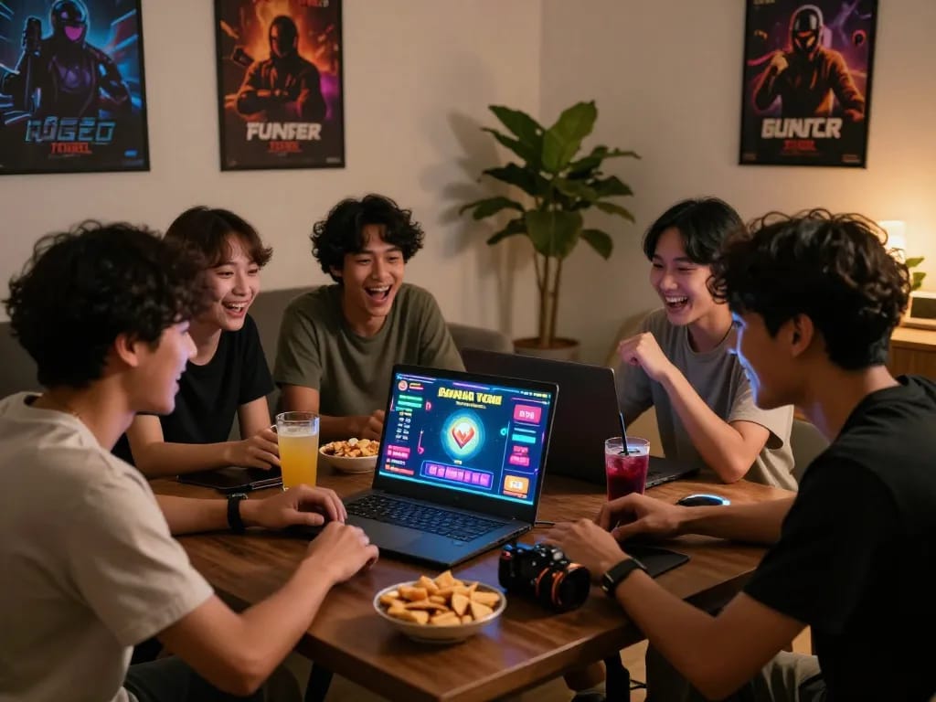Friends excitedly playing Bandar Togel online in a cozy living room