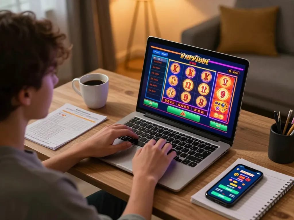 Engage with link rr88 while enjoying online casino gaming on a spacious home desk with vibrant screens and strategy notes.