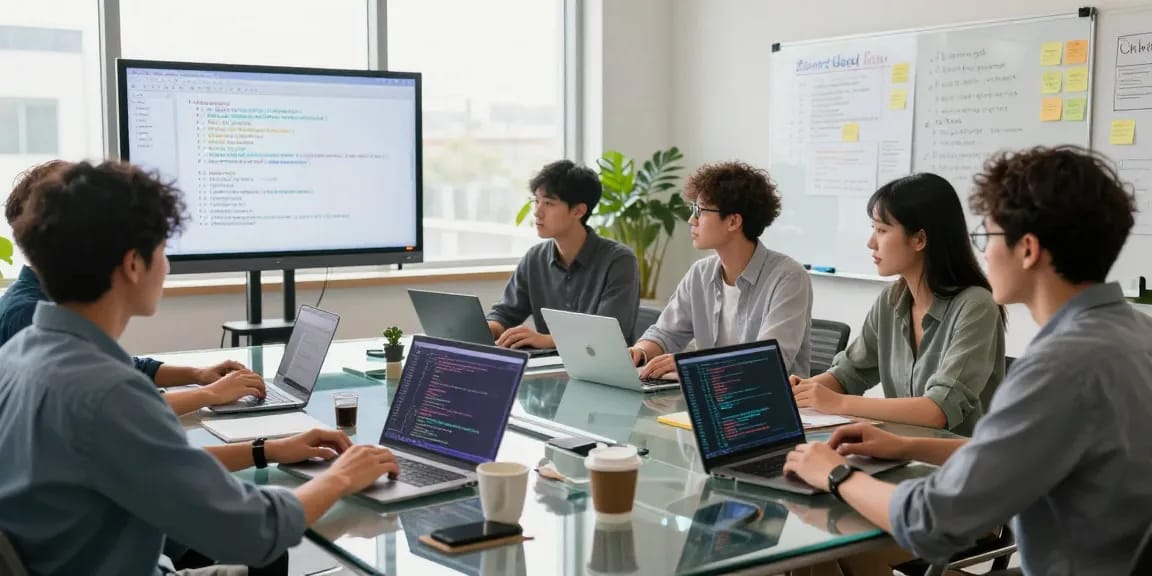 Developers collaborating in a modern workspace featuring 纸飞机中文版官网 innovations