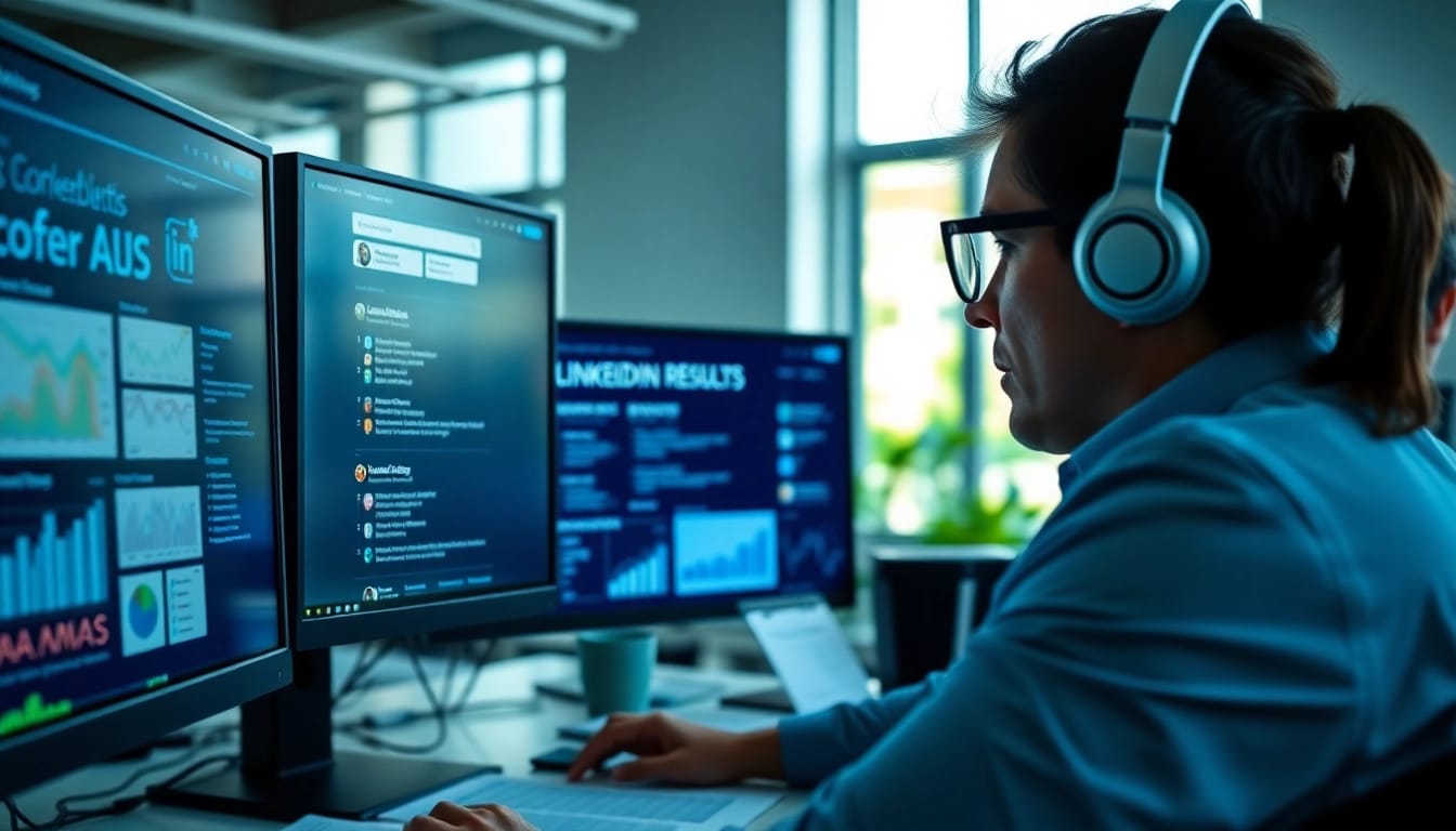 Visual representation of tools to scrape linkedin leads from search results displayed on a modern office workspace.